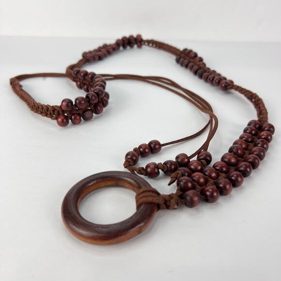 Bohemian-Style Sash Belt Wooden Beaded Chain Wooden Ring Leather Tie Closure OS - Picture 5 of 10